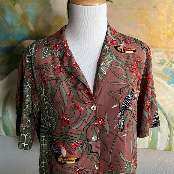 Carole Little vintage 90s silk safari toucan leaf print top small - Picture 3 of 16